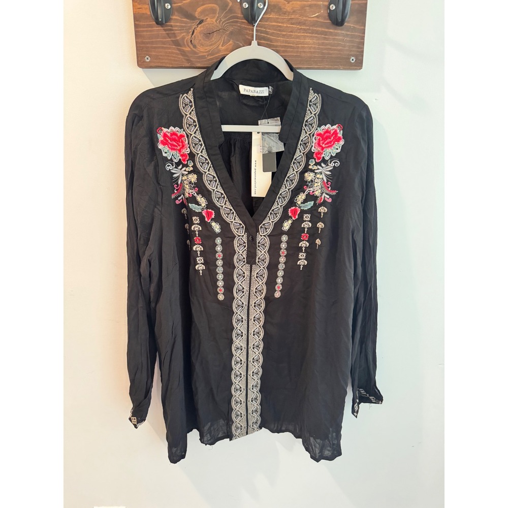 Paparazzi Women Black Floral Embroidered Long Sleeve Blouse Plus Size 2X NWT